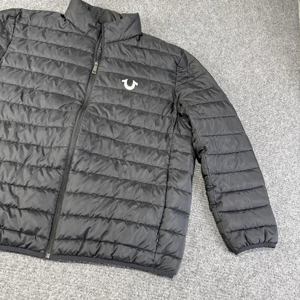 True Religion Jacket Mens 3XL Black Light Puffer Quilted Full Zip Horseshoe Logo